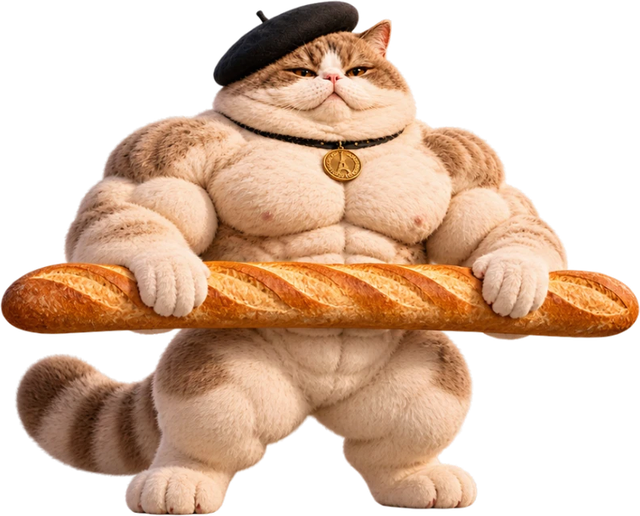 Le Chat Giga lifting a giant baguette like a barbell