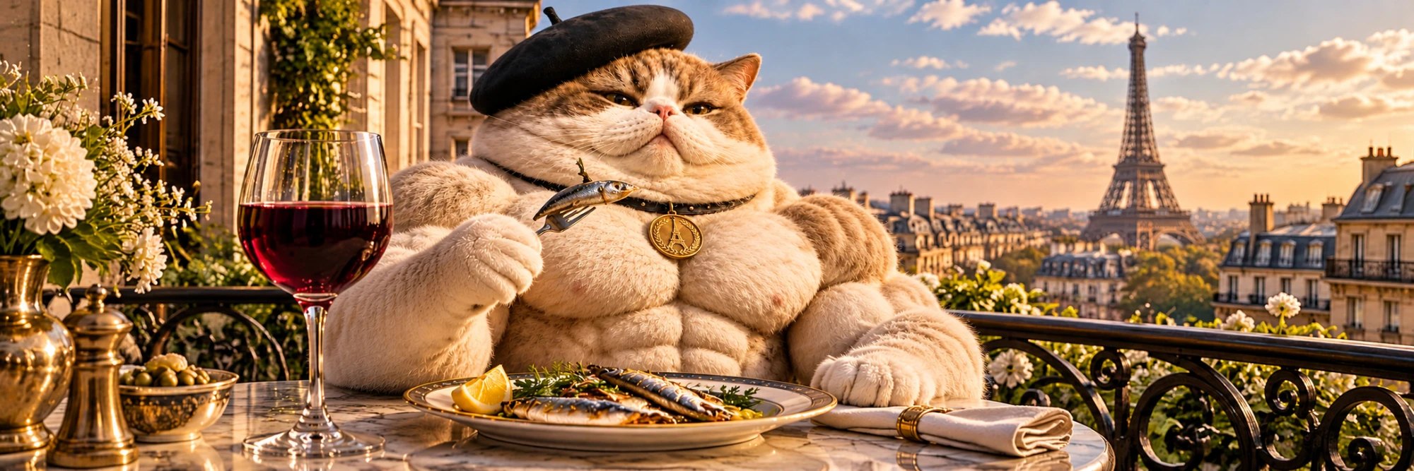 Le Chat Giga dining on sardines with red wine on a Paris balcony