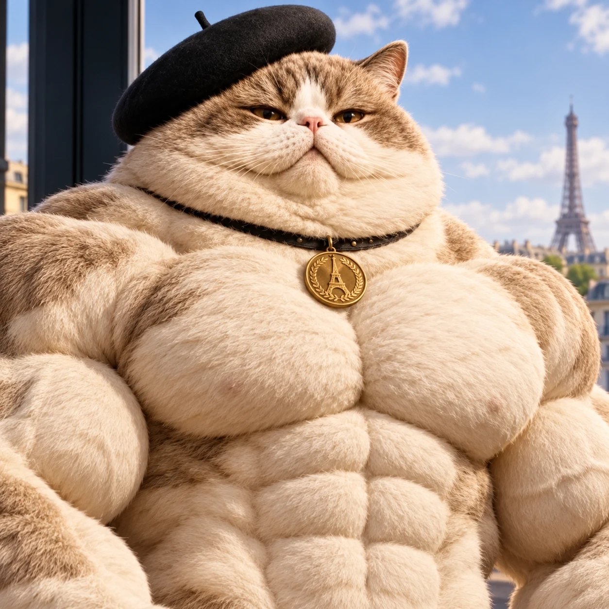 Close-up of Le Chat Giga with a beret and an Eiffel Tower medal